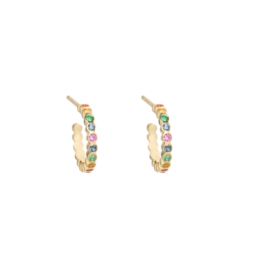 14K SMALL BEZEL RAINBOW SAPPHIRE HUGGIE HOOPS - Millo Jewelry