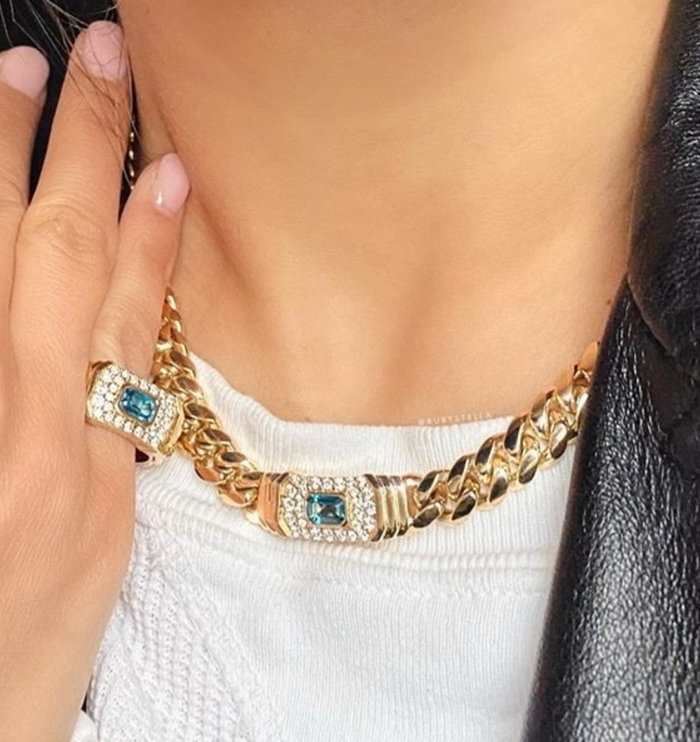 14K Gold Diamond Blue Topaz Miami Cuban Link Necklace - Millo Jewelry