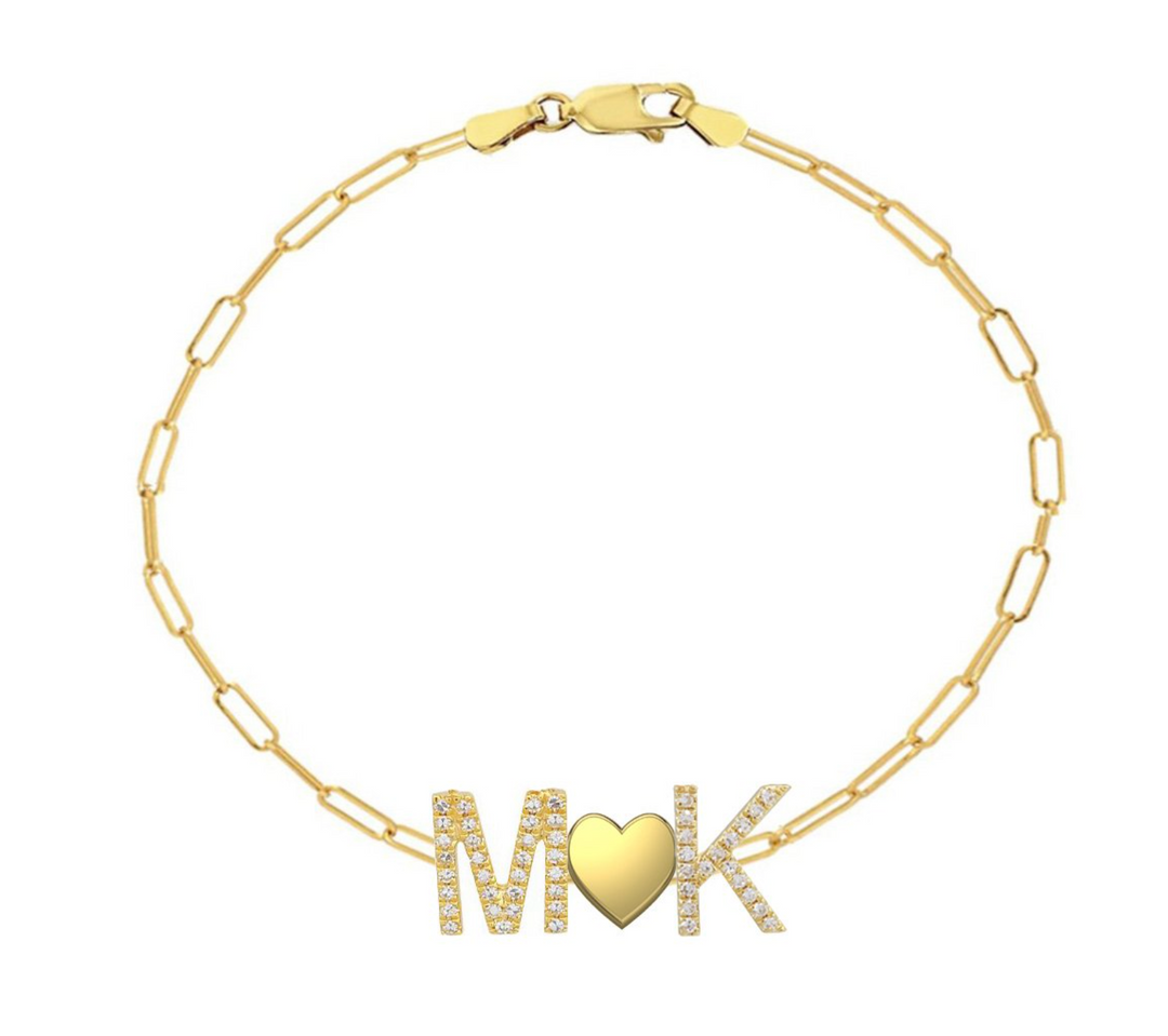 Pave Initials and Gold Heart Paperclip Bracelet - Millo Jewelry