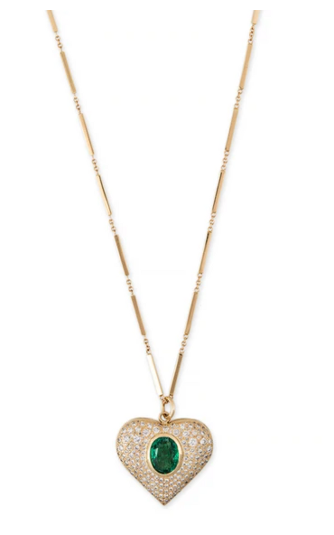 PAVE DIAMOND EMERALD HEART SMOOTH BAR NECKLACE - Millo Jewelry