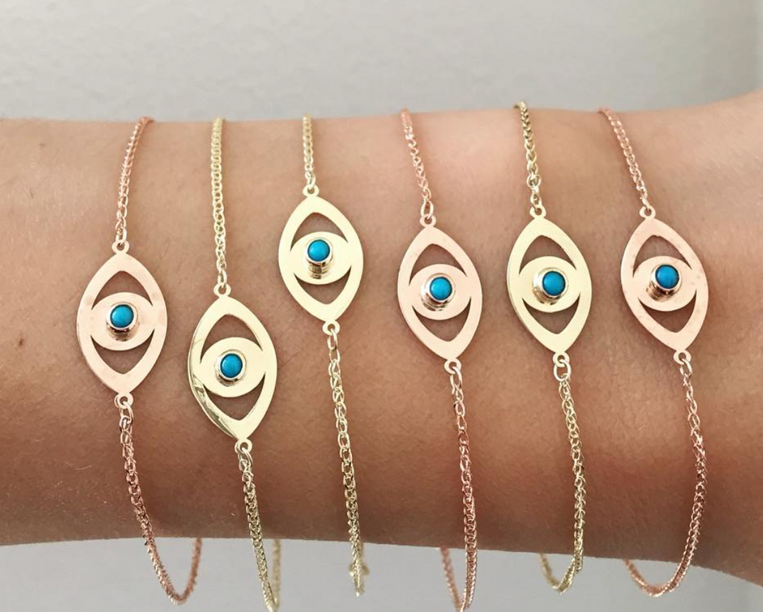 14K Gold Turquoise Bezel Evil Eye Bracelet