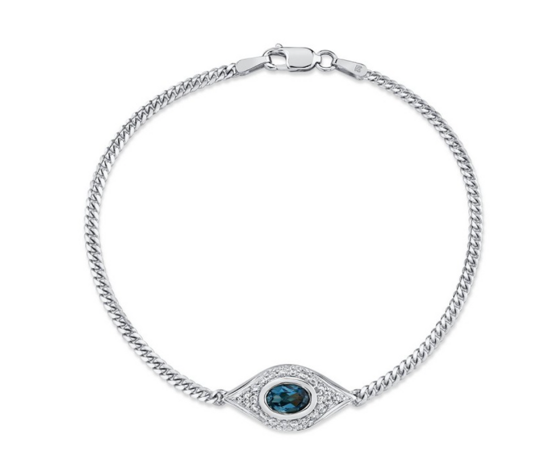 14K Gold Diamond Oval Blue Topaz Evil Eye Bracelet - Millo Jewelry