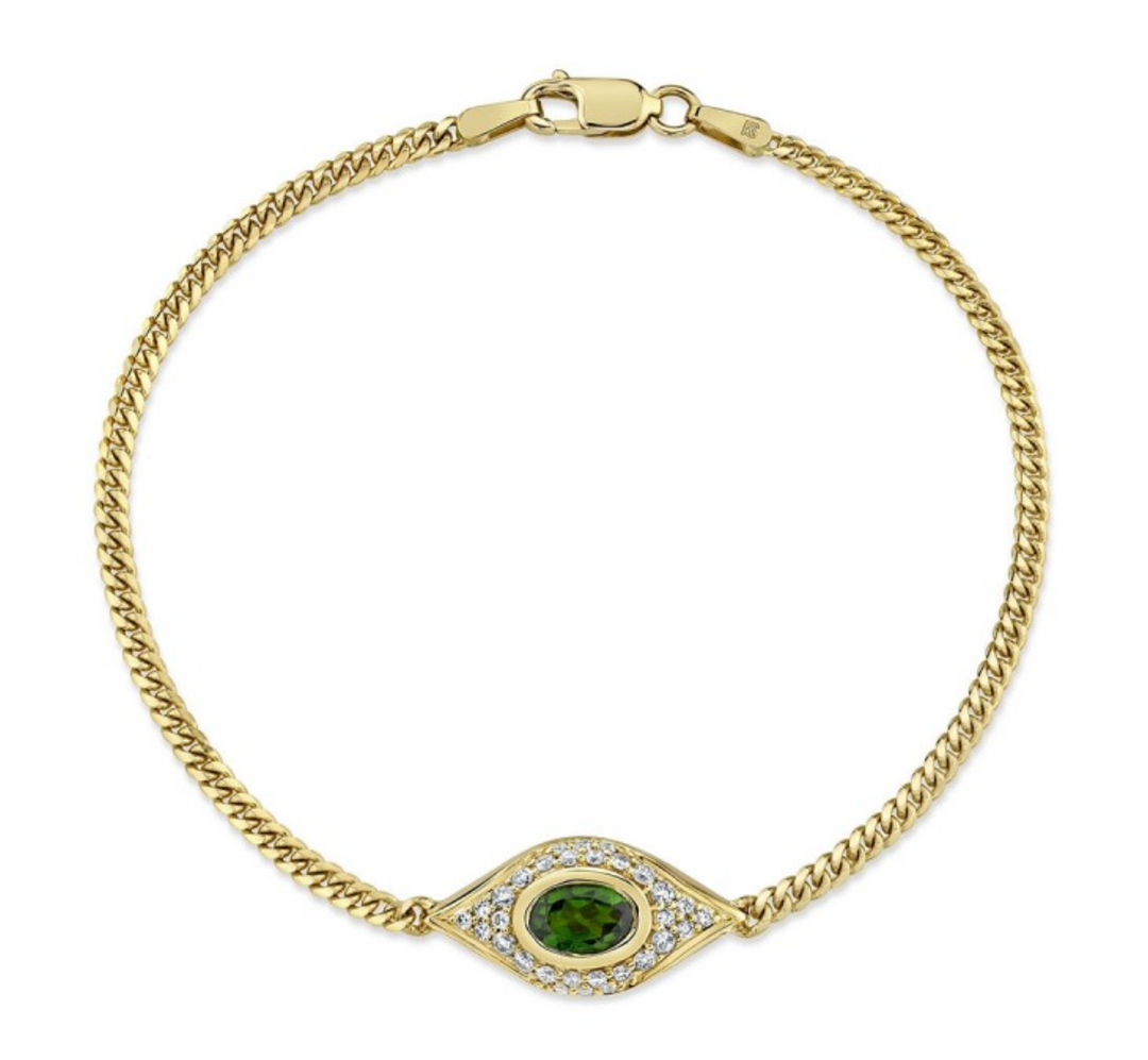 14K Gold Diamond Oval Green Tourmaline Evil Eye Bracelet - Millo Jewelry