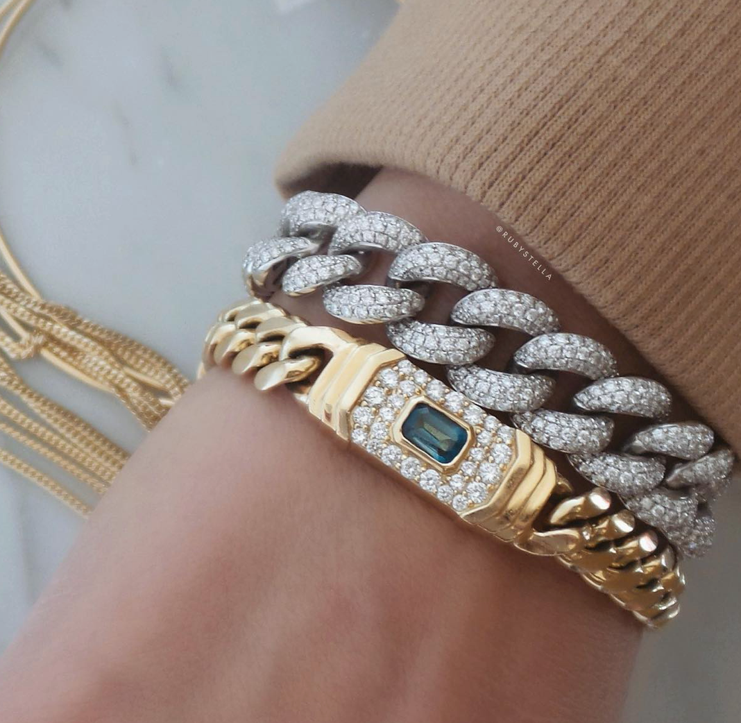 14K Yellow Gold and Diamond Blue Topaz Miami Cuban Link Bracelet - Millo Jewelry