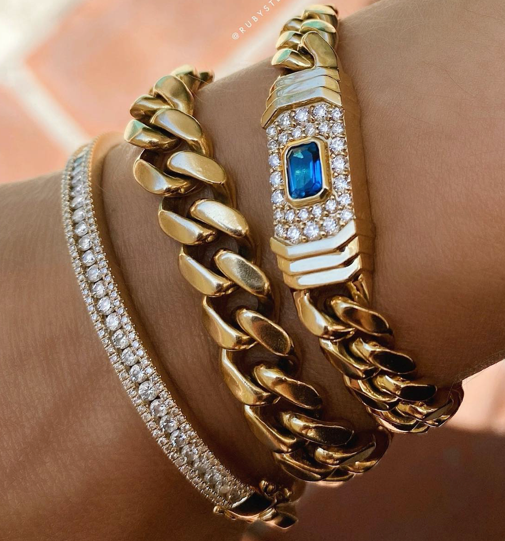 14K Yellow Gold and Diamond Blue Topaz Miami Cuban Link Bracelet - Millo Jewelry