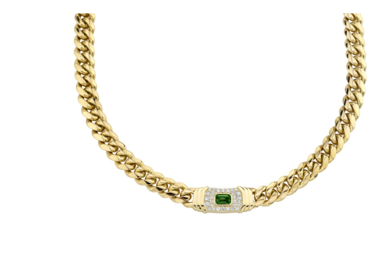 14K Gold Diamond Green Tourmaline Miami Cuban Link Necklace - Millo Jewelry