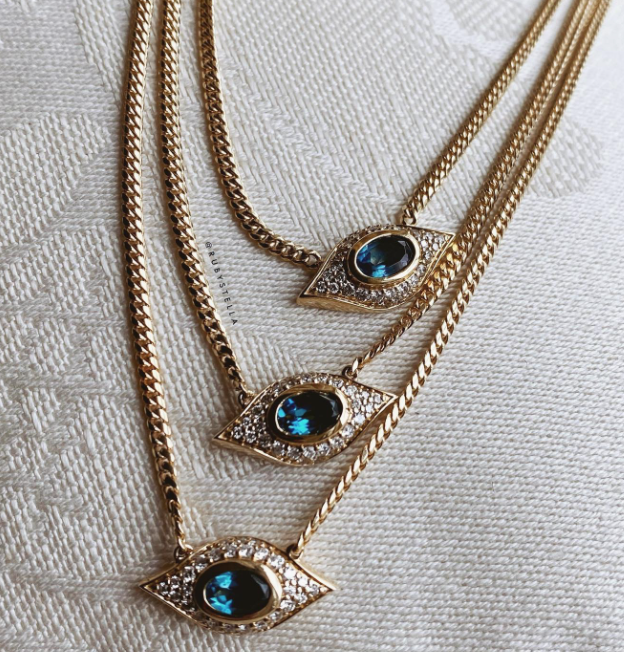 14K Gold Diamond Oval Blue Topaz Evil Eye Necklace - Millo Jewelry