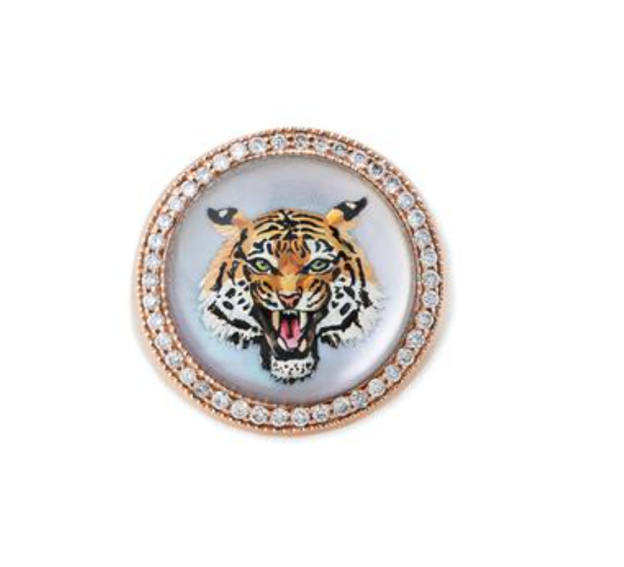 Pave Diamond Tiger Mother of Pearl Signet Ring - Millo Jewelry