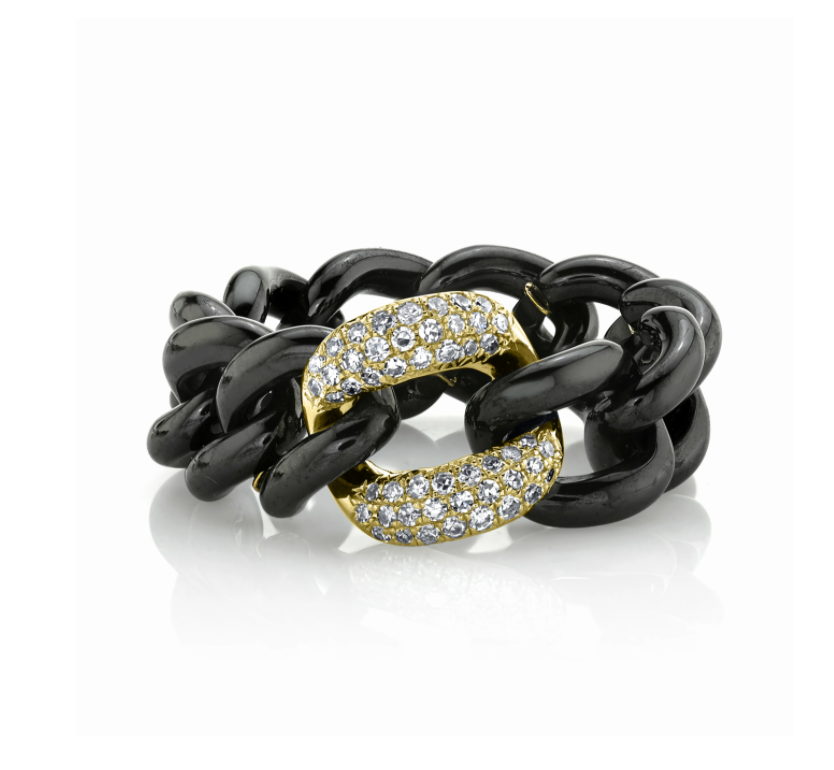 WHITE DIAMOND & BLACK CERAMIC MEDIUM LINK RING - Millo Jewelry