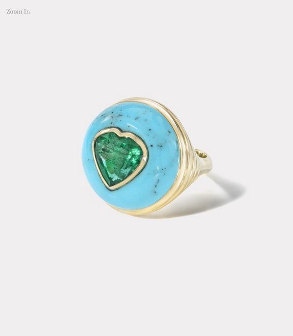 LOLLIPOP RING - 2.65CT EMERALD HEART IN HAND CARVED TURQUOISE - Millo Jewelry