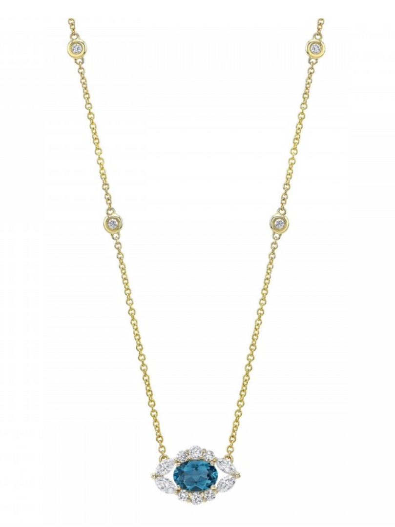 14K GOLD DIAMOND AND BLUE TOPAZ MARQUISE EVIL EYE NECKLACE - Millo Jewelry