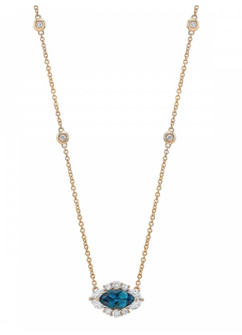 14K GOLD DIAMOND AND BLUE TOPAZ MARQUISE EVIL EYE NECKLACE - Millo Jewelry