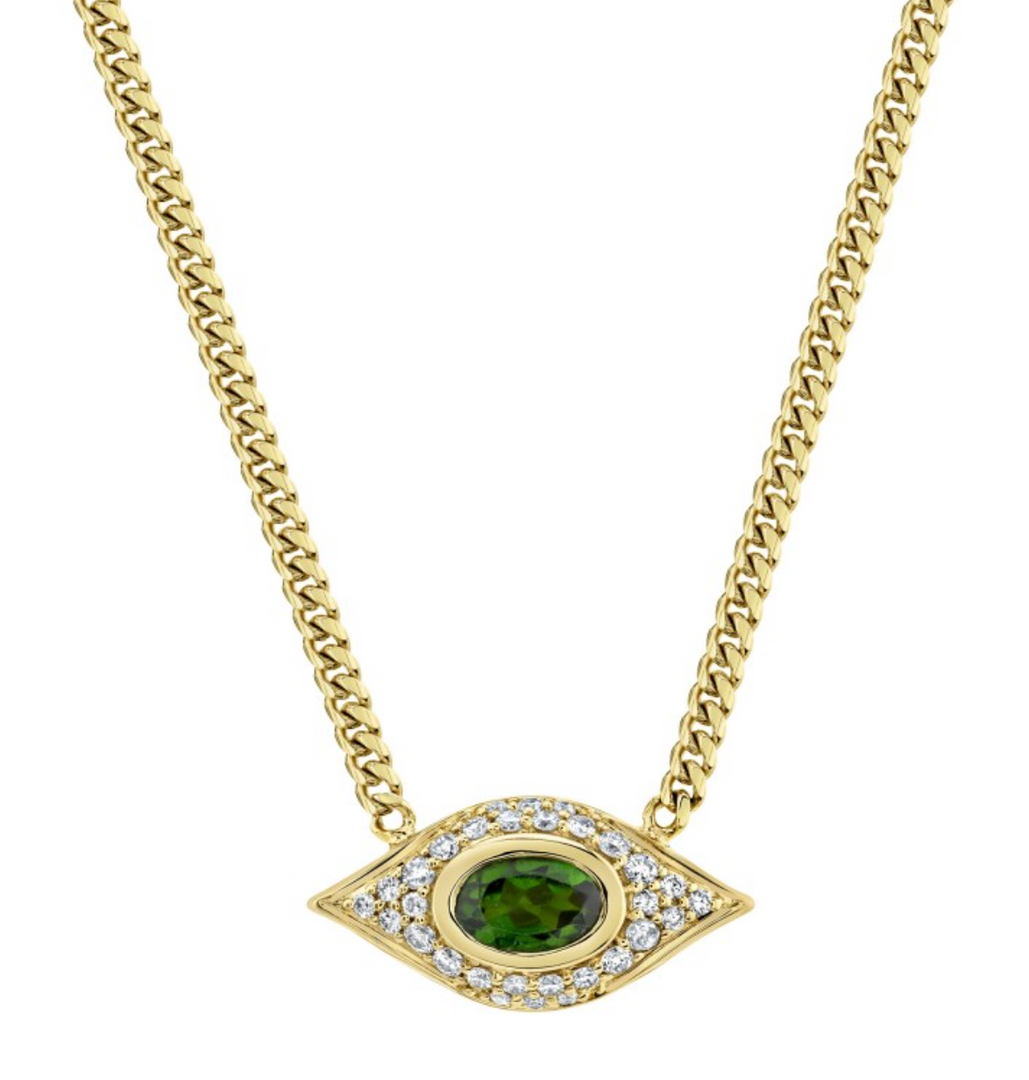 14K YELLOW GOLD DIAMOND OVAL GREEN TOURMALINE EVIL EYE NECKLACE - Millo Jewelry