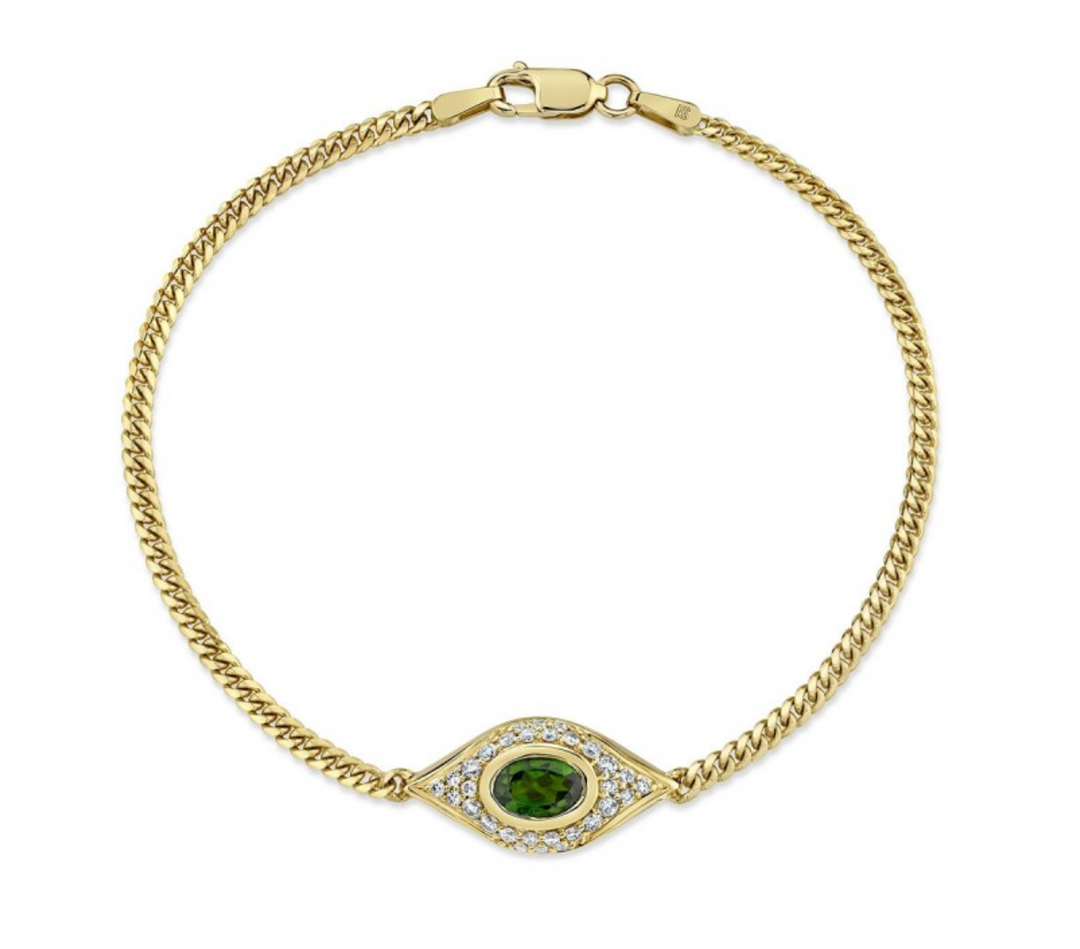 14K YELLOW GOLD DIAMOND OVAL GREEN TOURMALINE EVIL EYE Anklet - Millo Jewelry