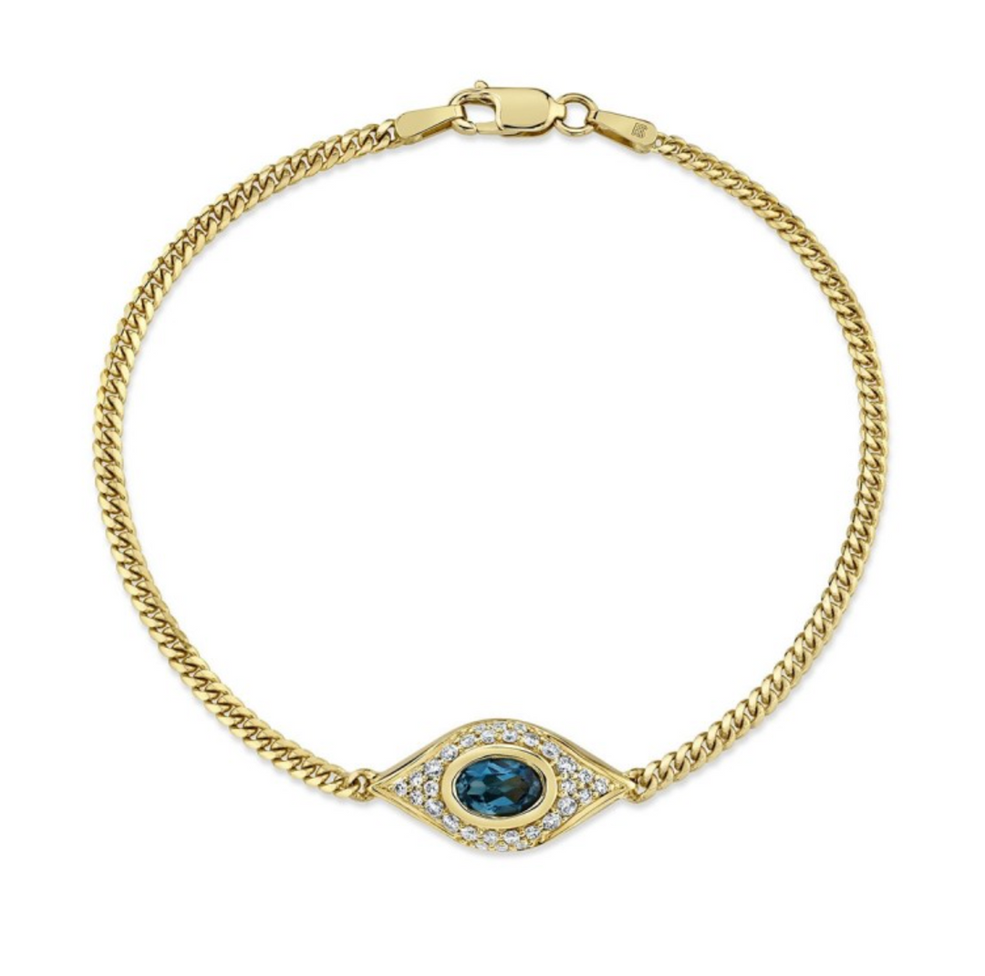 14K YELLOW GOLD DIAMOND OVAL BLUE TOPAZ EVIL EYE ANKLET - Millo Jewelry
