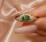Load image into Gallery viewer, 14K YELLOW GOLD DIAMOND GREEN TOURMALINE EVIL EYE DOME RING - Millo Jewelry