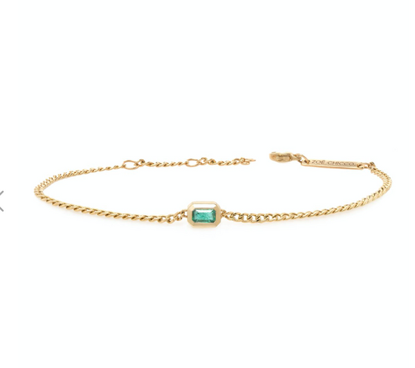 14K EXTRA SMALL CURB CHAIN EMERALD CUT EMERALD BEZEL BRACELET - Millo Jewelry