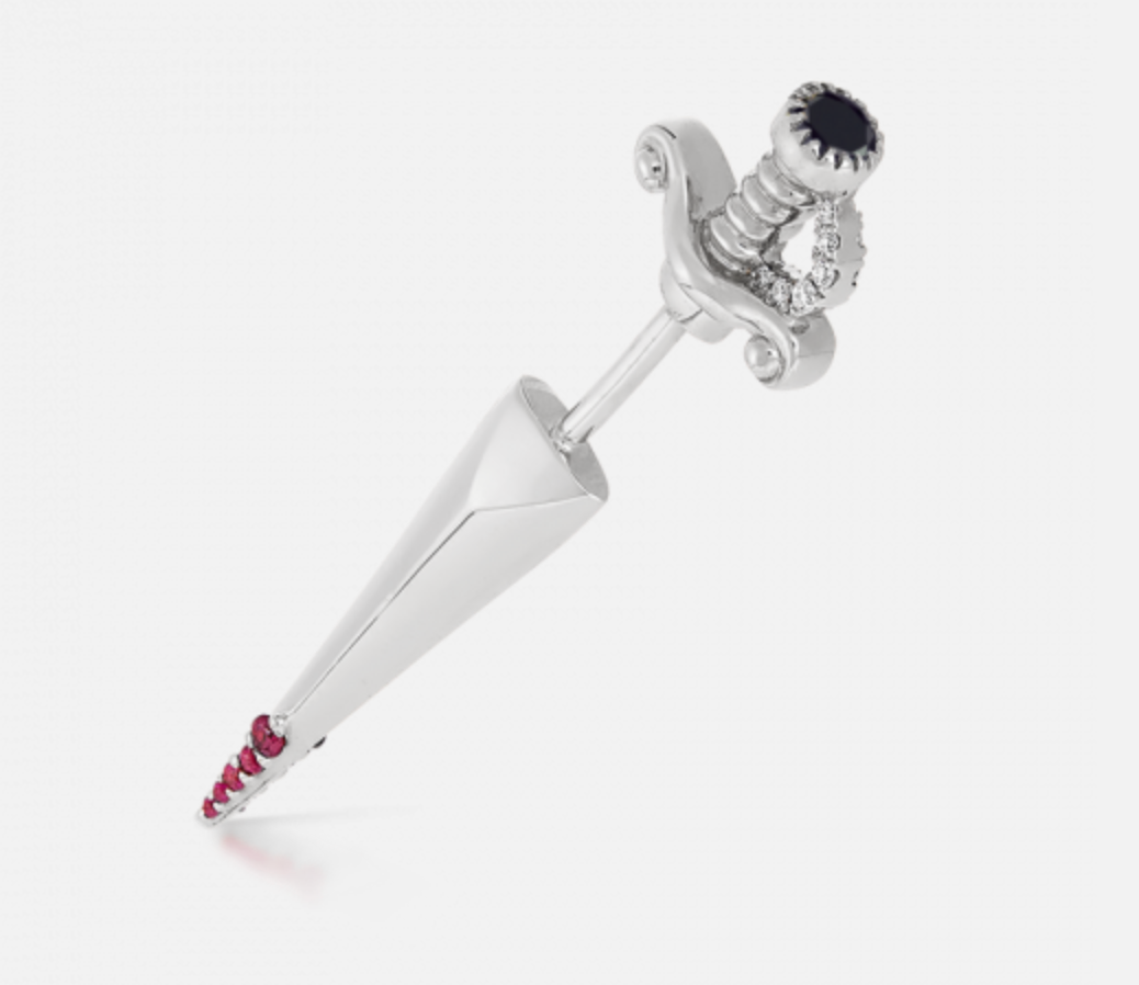 Black and White Diamond Long Sword with Ruby Drops Earstud - Millo Jewelry