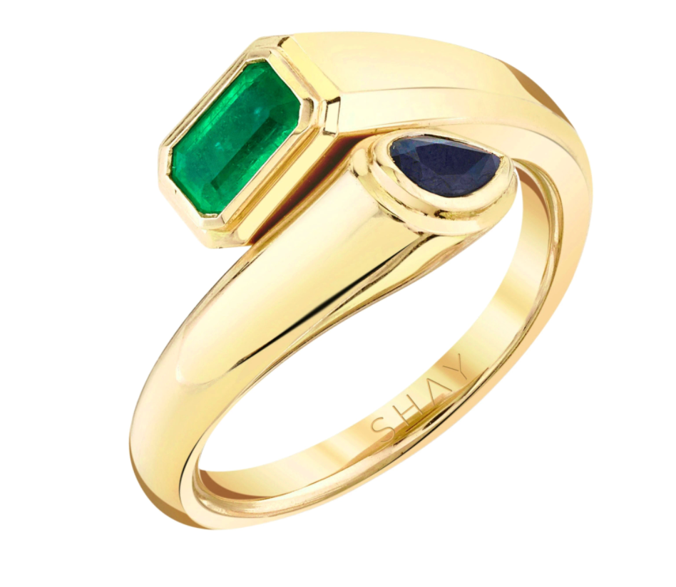 EMERALD & BLUE SAPPHIRE MIXED BYPASS PINKY RING - Millo Jewelry