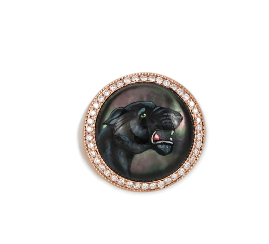 PAVE DIAMOND PANTHER MOTHER OF PEARL SIGNET RING - Millo Jewelry