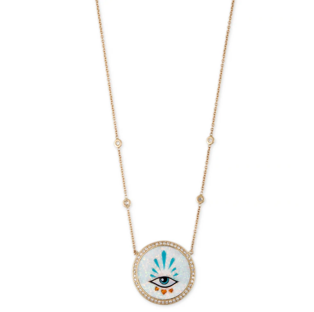 SMALL PAVE 3 HEARTS EYE BURST OPAL INLAY NECKLACE - Millo Jewelry