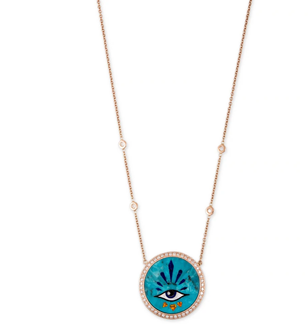 SMALL PAVE 3 HEARTS EYE BURST TURQUOISE INLAY NECKLACE - Millo Jewelry