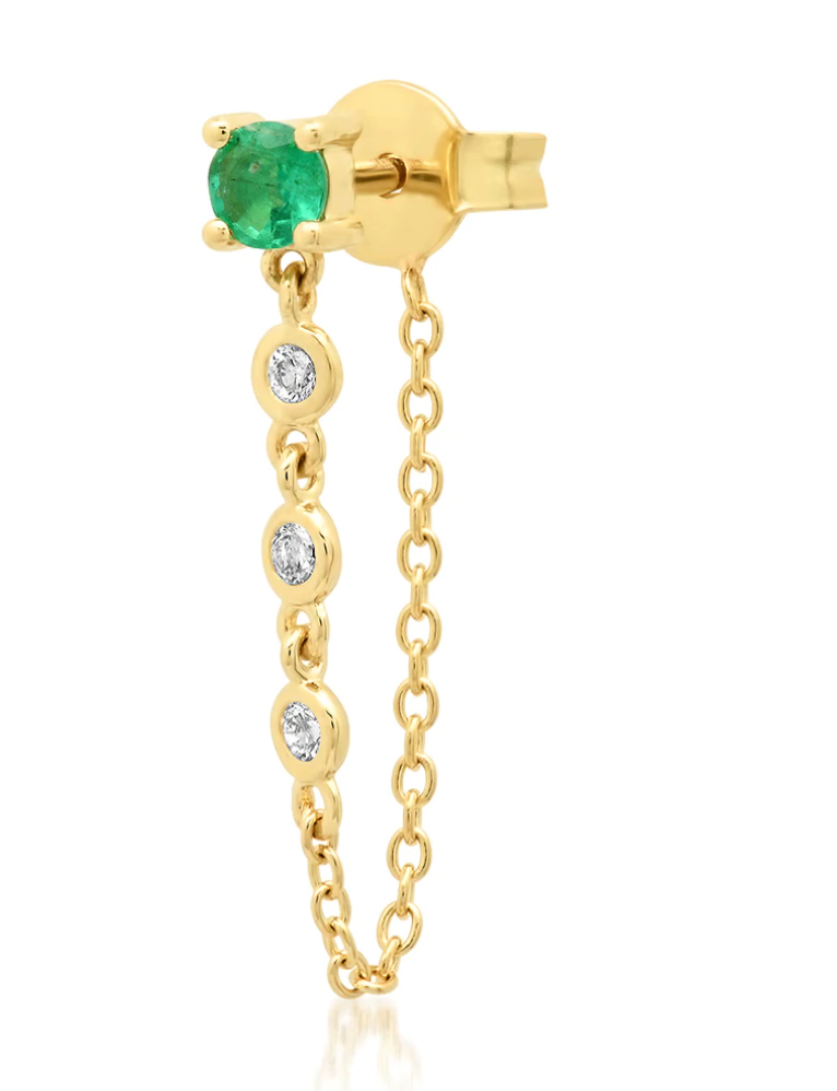 Single Emerald Stud with Diamond Chain - Millo Jewelry