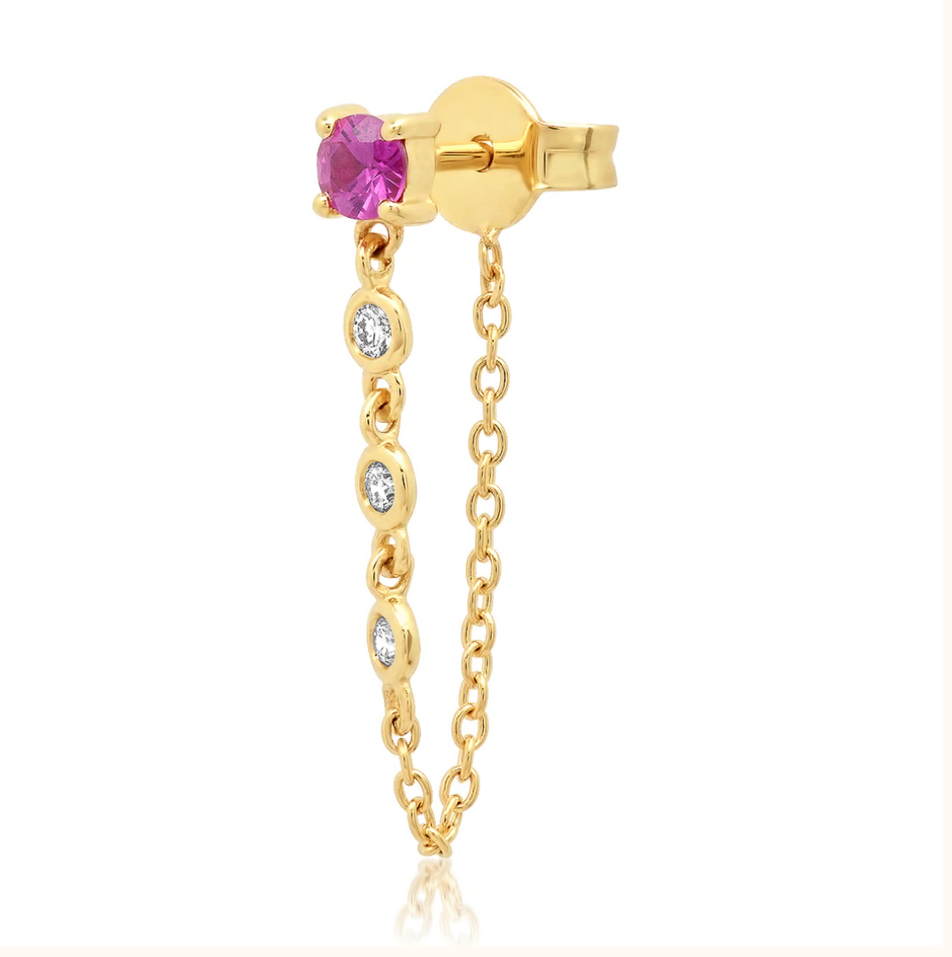 Single Ruby Stud with Diamond Chain - Millo Jewelry
