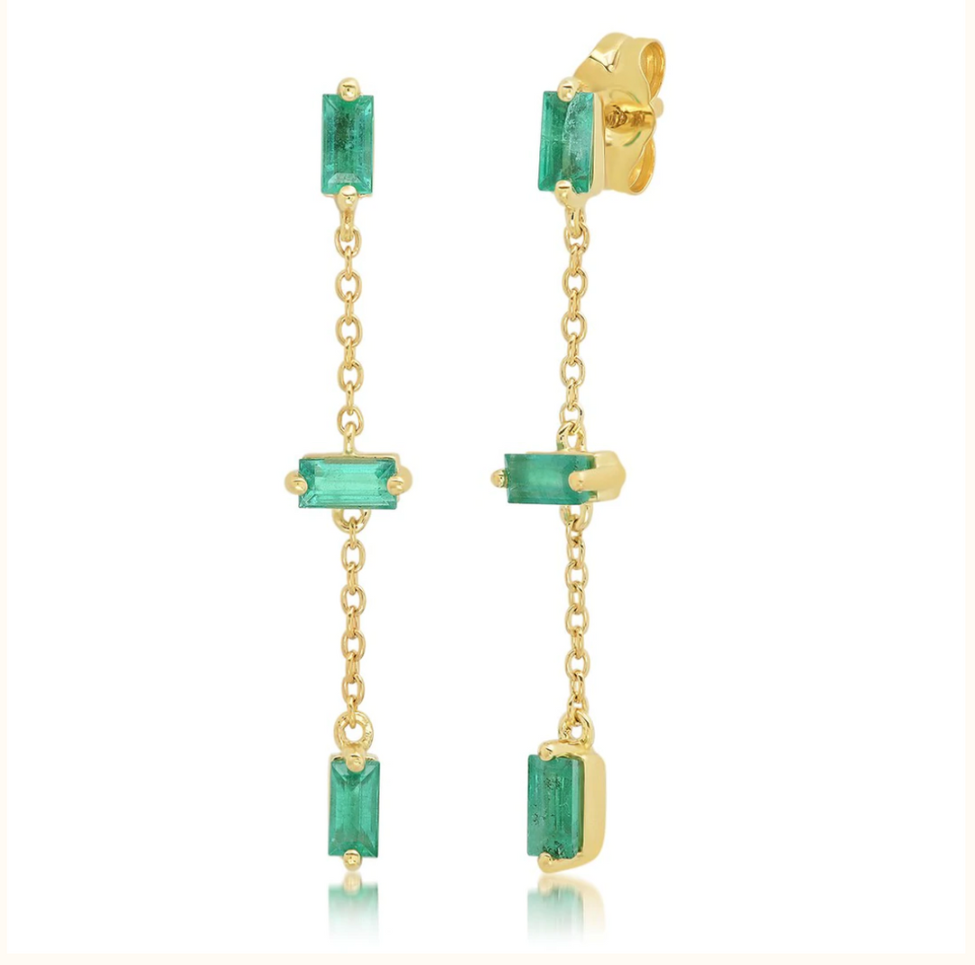 Emerald Baguette and Chain Drop Earrings - Millo Jewelry