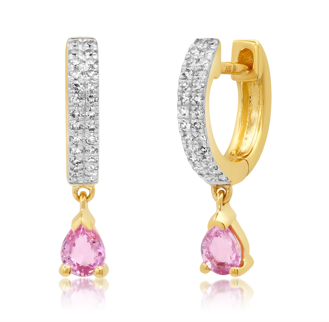 Diamond Huggies with Pink Sapphire Tear Drop - Millo Jewelry