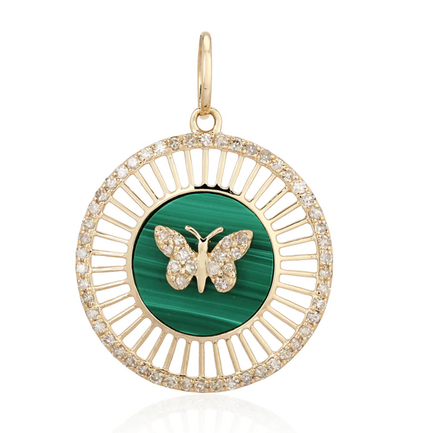 DIAMOND BUTTERFLY ON MALACHITE ROUND CHARM - Millo Jewelry