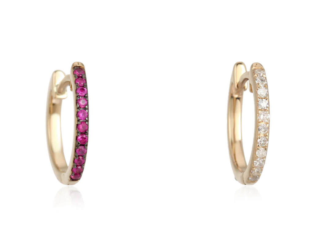 ONE SIDE RUBY ONE SIDE DIAMOND HUGGIES - Millo Jewelry