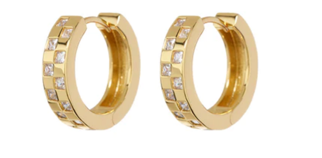 CHECKERBOARD PAVE HOOPS- GOLD - Millo Jewelry