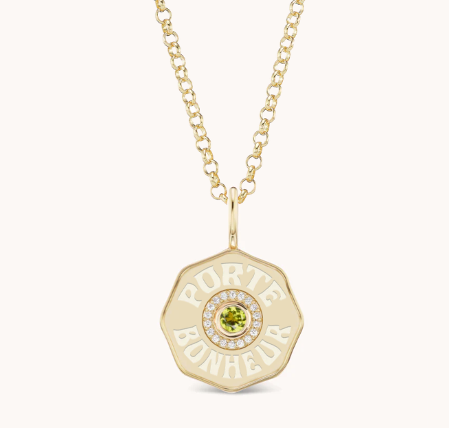 RAISED GOLD MINI DIAMOND HALO WITH PERIDOT CENTER PORTE BONHEUR NECKLACE - Millo Jewelry