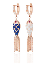 Load image into Gallery viewer, SELIM MOUZANNAR FISH FOR LOVE EARRINGS NAVY BLUE &amp; IVORY DIAMONDS-RUBIES - Millo Jewelry

