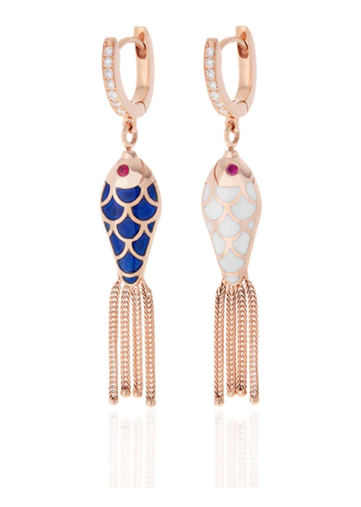 SELIM MOUZANNAR FISH FOR LOVE EARRINGS NAVY BLUE & IVORY DIAMONDS-RUBIES - Millo Jewelry