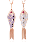 Load image into Gallery viewer, SELIM MOUZANNAR FISH FOR LOVE PENDANT NECKLACE IN PINK GOLD WITH LILAC &amp; IVORY ENAMEL SET WITH RUBIES - Millo Jewelry
