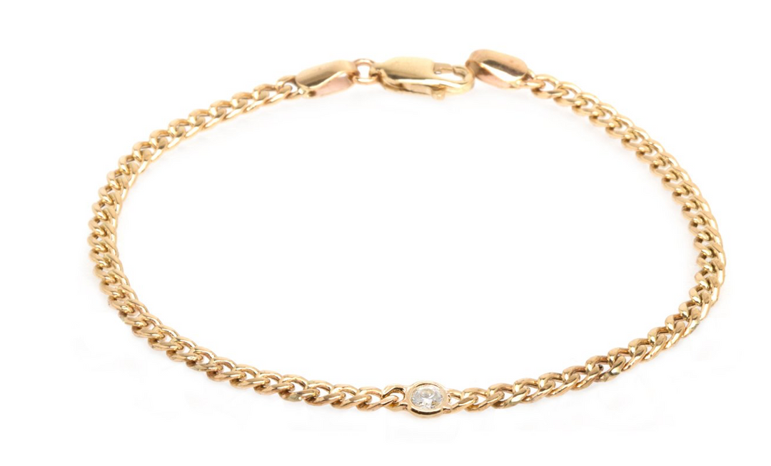 14kt Gold Small Curb Chain Bracelet with Single Floating White Diamond - Millo Jewelry