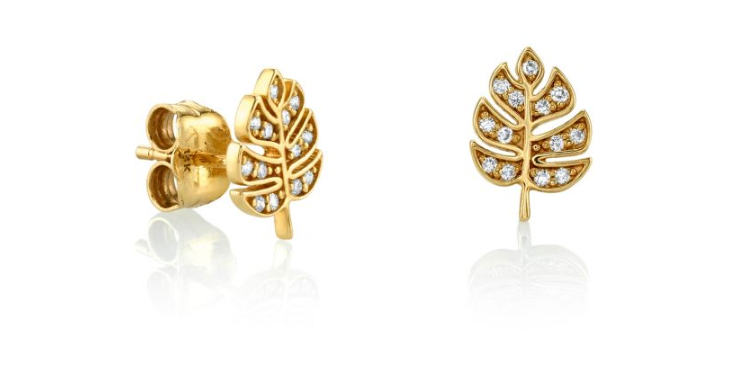 TINY YELLOW-GOLD PAVÉ DIAMOND MONSTERA LEAF STUDS - Millo Jewelry