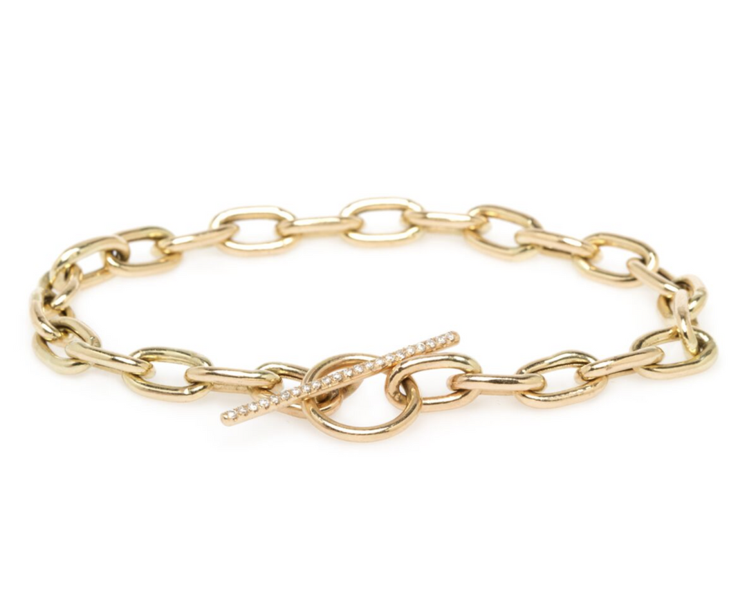 Large Square Oval Link Chain Bracelet with White Pavé Diamonds Across Toggle Bar - Millo Jewelry