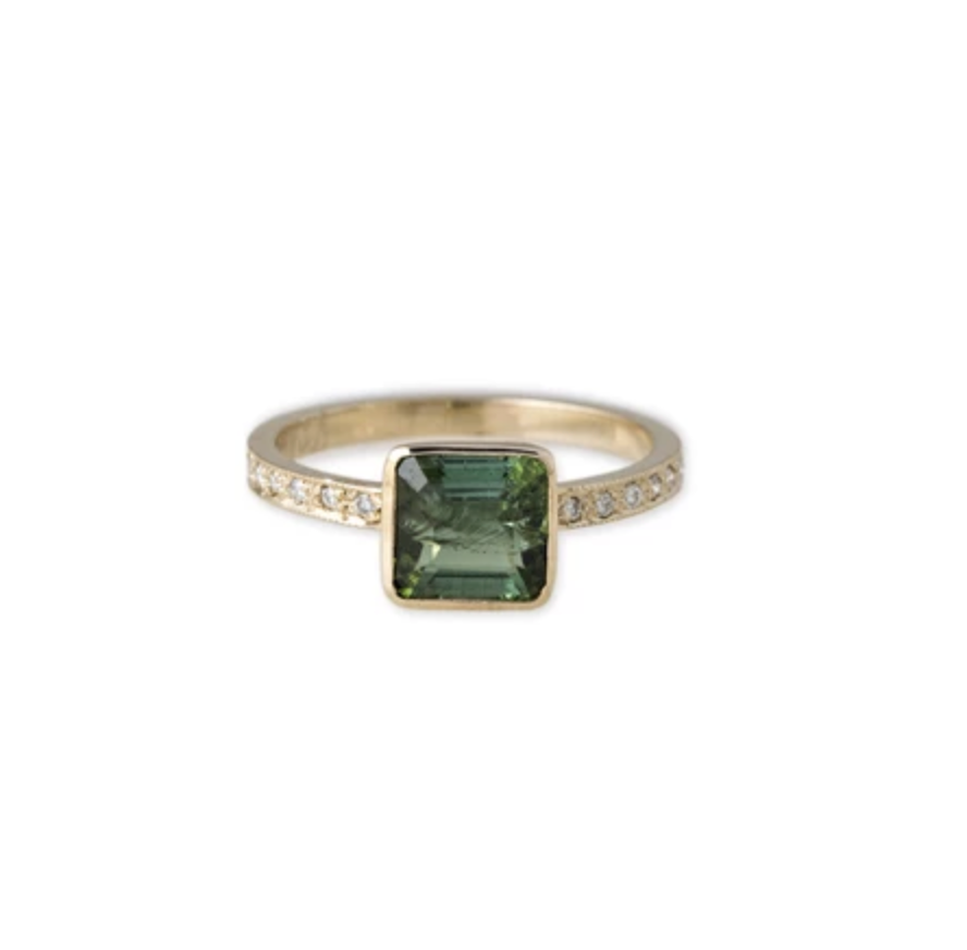 Square Green Tourmaline Pave Band Ring - Millo Jewelry