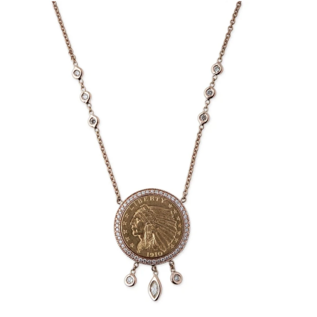 Small Antique Coin Necklace w/Pave Diamonds & Shaker - Millo Jewelry