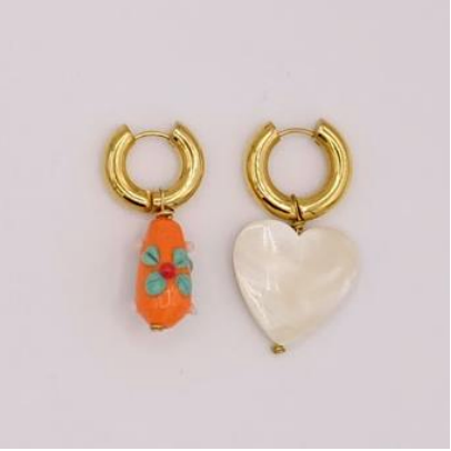 BO-109 Mismatched Orange and Crystal Heart Earrings - Millo Jewelry