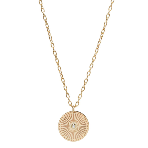 Medium Sunbeam Medallion Necklace with a White Diamond in Center on a Small Square Oval Chain - Millo Jewelry