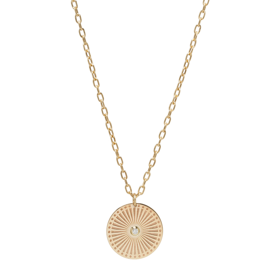 Medium Sunbeam Medallion Necklace with a White Diamond in Center on a Small Square Oval Chain - Millo Jewelry
