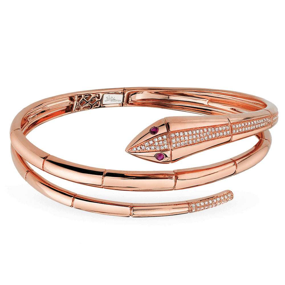 Diamond & Ruby 14K Rose Gold Snake Bangle - Millo Jewelry
